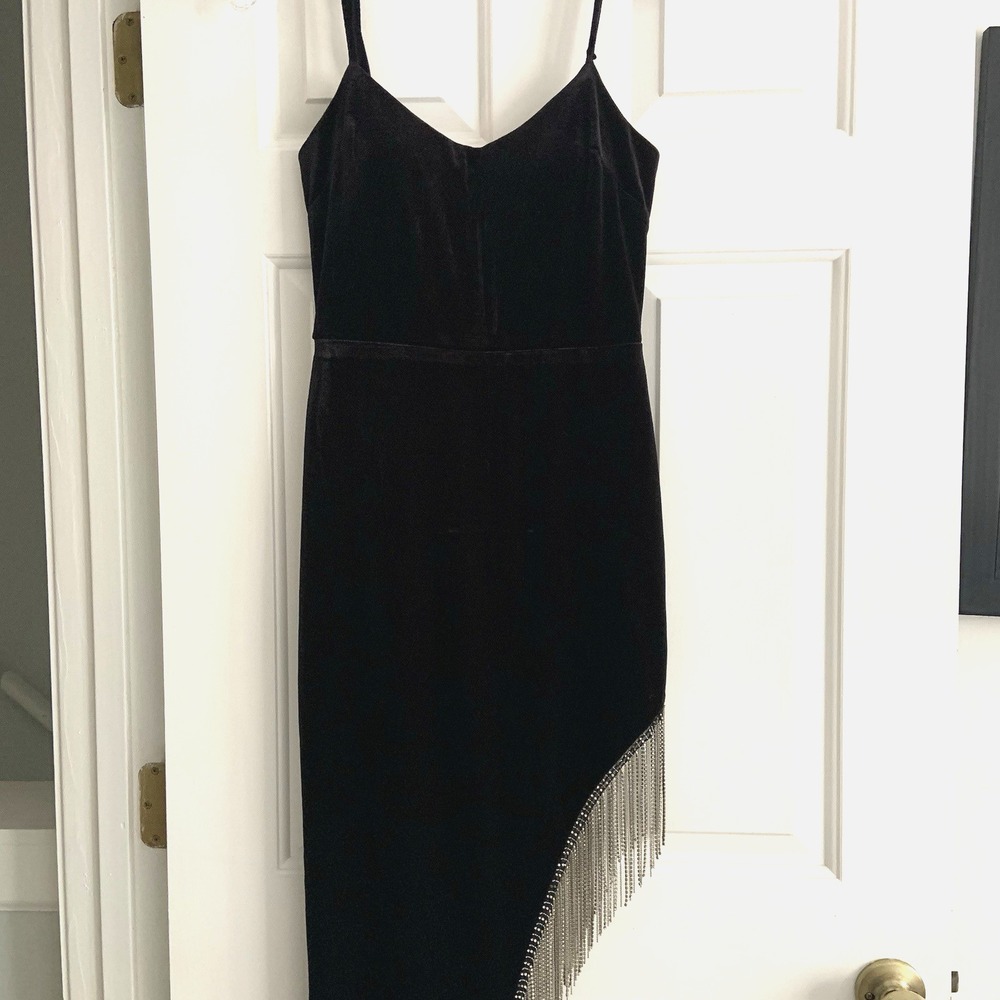 City Vibe Black Velvet High Leg Slit w Metallic Fringe Dress Junior sz 3 *flaw